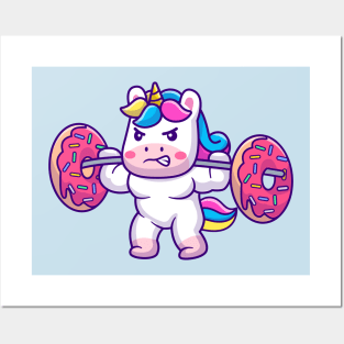 Cute Unicorn Lifting Donut Barbell Cartoon Posters and Art